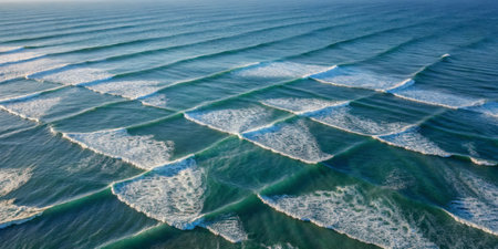 Gentle waves roll into the shore, forming unique patterns on the surface of the water under the warm hues of sunrise. The scene evokes calmness and beauty by the coast.の写真素材