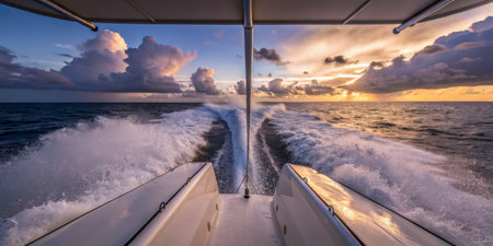 The boat glides smoothly over the waves, creating a beautiful wake as the sun sets on the horizon....