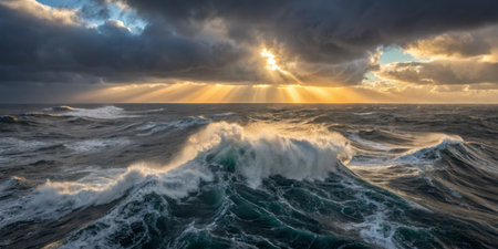 Waves crash powerfully against each other as the ocean glistens under rays of sunlight filtering through ominous storm clouds at dusk.の写真素材