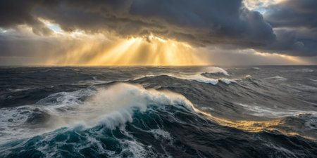 Waves crash against each other in a turbulent ocean as golden rays of sunlight break through dark storm clouds during sunset, creating a dramatic and beautiful atmosphere.の写真素材