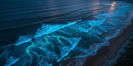 Bioluminescent waves light up the shoreline, creating a mesmerizing blue glow in the water under the night sky. The scene captures the beauty of nature in a coastal environment.の写真素材