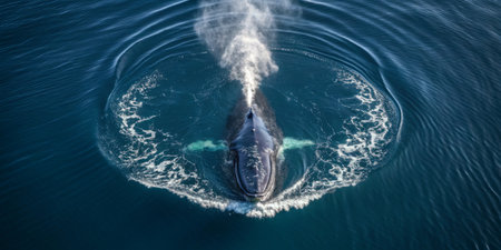 A humpback whale emerges from the ocean, exhaling a powerful spray as it creates ripples in the surrounding turquoise water. This moment captures the majesty of marine wildlife.の写真素材