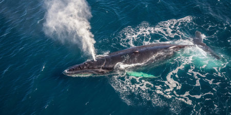 A humpback whale rises to the surface, exhaling a mist of water vapor into the air. The scene captures the vibrant blue ocean surrounding the majestic creature in its natural habitat.の写真素材