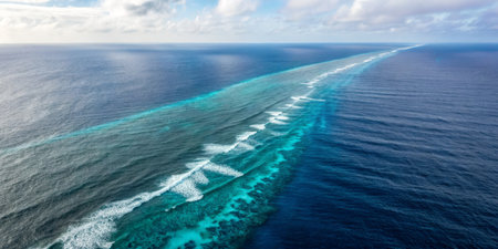 Vibrant blue ocean waters stretch toward the horizon, highlighting surf patterns over a hidden coral reef under a clear sky. Waves dance in the sunlight, creating a picturesque marine landscape.の写真素材