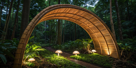 A bamboo arch stands gracefully in a tranquil forest, accented by glowing lights and surrounded by vibrant greenery. Evening light enhances the enchanting ambiance of nature.の写真素材