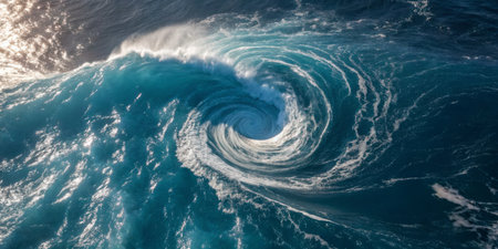 A spectacular ocean wave twists into a spiral shape, displaying vibrant shades of blue as sunlight reflects off its surface. This dynamic scene captures the beauty of nature.の写真素材