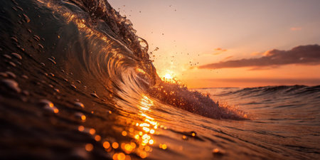 Waves roll towards the shore during sunset, with vibrant colors illuminating the sky and reflecting on the water's surface, creating a tranquil atmosphere.の写真素材