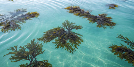 Lush seaweed thrives underwater, moving gracefully with the gentle current in clear turquoise water...