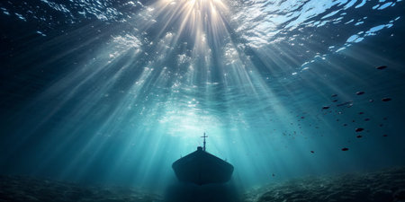 Soft rays of sunlight filter through clear water, creating a tranquil ambiance as a boat rests on the ocean floor surrounded by marine life. The serene underwater scene captivates viewers.の写真素材