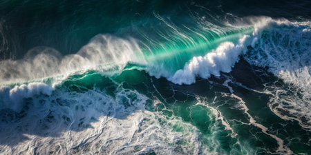 Powerful waves surge rhythmically toward the coastline, creating mesmerizing patterns of turquoise foam against dark blue waters under a bright midday sun.の写真素材