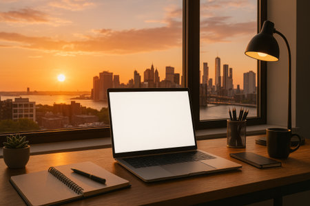 A sleek laptop sits on a wooden desk next to a notebook and a cup, with a stunning city skyline visible through large windows as the sun sets, illuminating the scene with warm light.の写真素材