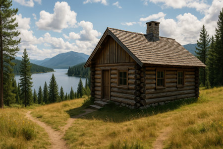 A rustic wooden cabin sits on the edge of a tranquil lake, framed by tall trees and distant mountains under a bright blue sky with fluffy clouds, creating a perfect retreat.の写真素材
