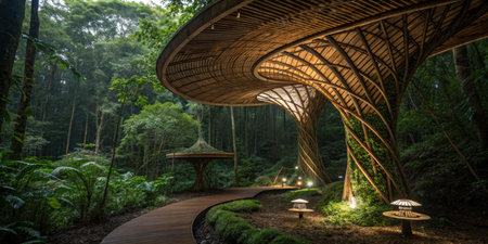 This striking structure is nestled in a lush green forest, illuminated by soft lights along a winding path, offering a peaceful retreat for visitors.の写真素材