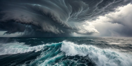 The sky is filled with swirling dark clouds creating an ominous atmosphere while waves crash violently against each other in a wild ocean setting.の写真素材