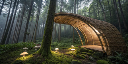 In a tranquil forest at twilight, a beautifully woven structure stands amidst tall trees. Soft lights illuminate the area, highlighting mushrooms and lush greenery, creating a peaceful atmosphere.の写真素材