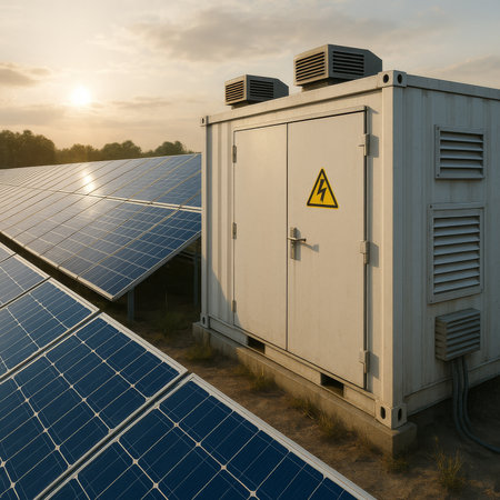 Solar panels stretching across a green field capture sunlight during sunset. A power station stands nearby, essential for converting solar energy to electricity.の写真素材