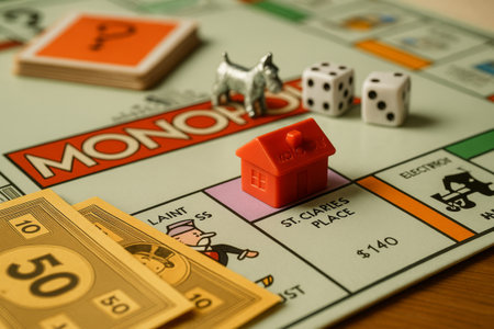 Players engage in a vibrant game of monopoly, rolling dice, buying property, and managing finances...