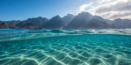 Turquoise water sparkles under sunlight, revealing a fascinating underwater world with ripples. Majestic mountains stand tall in the background, creating a stunning contrast.の写真素材