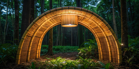 A beautifully crafted bamboo arch stands amidst lush greenery in a quiet forest, softly lit from above, creating a peaceful and enchanting ambiance during twilight hours.の写真素材