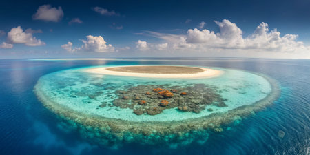 This breathtaking aerial view captures a small tropical island with white sandy beaches and gentle waves, bordered by vibrant coral reefs and turquoise waters under a clear sky.の写真素材