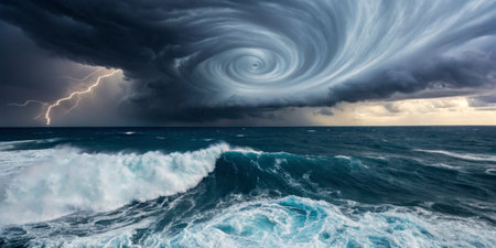 A fierce storm brews over the ocean, featuring swirling clouds and bright lightning. The waves crash dramatically against the shoreline as dusk approaches, creating a dramatic atmosphere.の写真素材