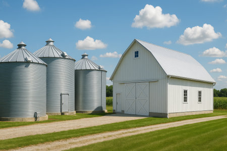 A bright day features a white barn and three metal silos on a farm, surrounded by lush green grass and a clear blue sky with fluffy clouds.の写真素材