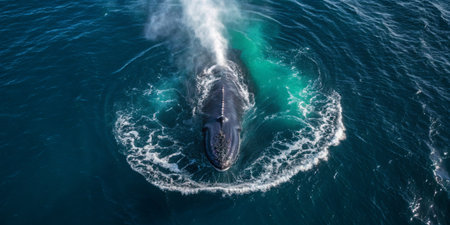 A humpback whale breaches the surface of the ocean, creating a spray of water while surrounded by turquoise waves. The moment captures the power and grace of marine life.の写真素材