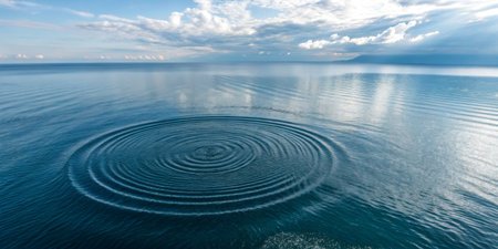 Ripples extend outward on a tranquil lake reflecting the sky's clouds. The serene atmosphere suggests a peaceful afternoon, inviting quiet contemplation and connection with nature.の写真素材