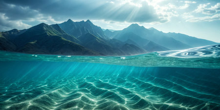 Crystal clear water reveals stunning underwater patterns as sunlight filters through and reflects off the surface, showcasing majestic mountains in the distance on a sunny day.の写真素材