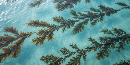Lush green seaweed sways gently beneath the surface of tranquil turquoise water, showcasing the stunning ecosystem of a coastal environment on a sunny day.の写真素材
