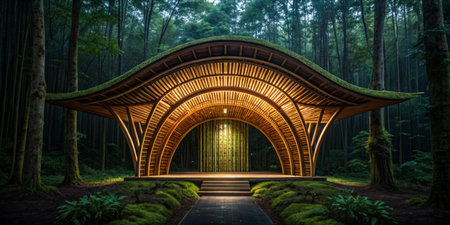A striking wooden structure features an arched roof and warm lighting, creating a tranquil atmosphere in the heart of a lush forest at night.の写真素材