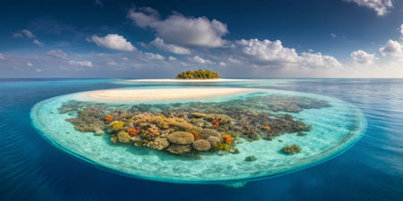 A stunning tropical island rises above a vibrant coral reef, surrounded by crystal clear waters. Sunlight illuminates the colorful corals and sandy shores, creating a serene paradise.の写真素材