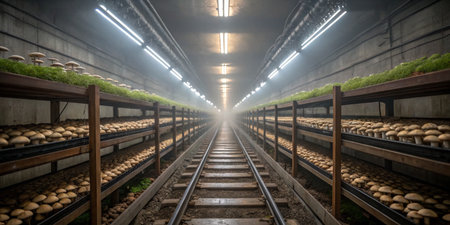 Rows of mushrooms grow in an underground farm, with tracks running down the center. Soft lights...