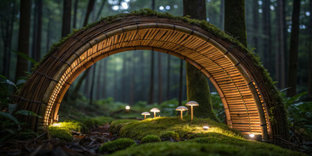 Lush forest enveloped in a gentle mist features a beautifully crafted archway made of wood and moss. Delicate mushrooms and soft lights create a magical atmosphere in nature.の写真素材