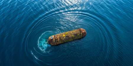 A rusty cylindrical structure lies half-submerged in clear blue water, generating ripples around it under bright daylight. The surface reflects shimmering sunlight, enhancing the serene atmosphere.の写真素材