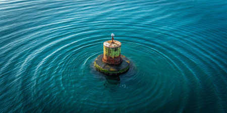 A solitary lighthouse with rust on its surface rises above calm waters, creating distinct ripples in the early morning light. The serene setting showcases nature's beauty and tranquility.の写真素材