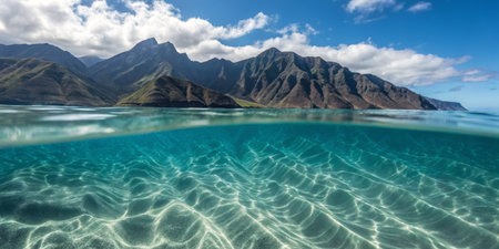Crystal clear water reveals beautiful patterns beneath the surface while towering mountains rise against a blue sky, creating a stunning backdrop in Hawaii.の写真素材