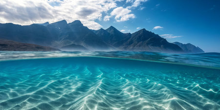 Under the bright sun, clear ocean water showcases beautiful patterns beneath the surface, while majestic mountains rise in the background, creating a breathtaking natural view.の写真素材