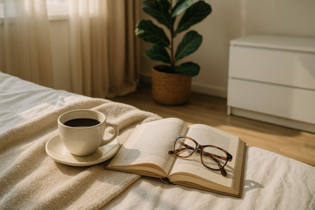 A cup of black coffee sits on a saucer next to an open book and glasses on a bed. The soft light from a window illuminates the peaceful bedroom with plants.の写真素材