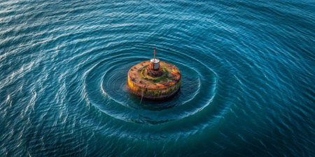 A solitary water tower stands on a circular base in the water, creating gentle ripples that spread across the surface. The serene blue tones reflect the tranquil evening light.の写真素材