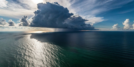 Dark clouds loom over a vast ocean during sunset, reflecting vibrant colors on the water's surface. Rain can be seen in the distance, adding to the dramatic atmosphere.の写真素材
