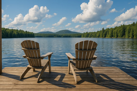 Two sturdy wooden chairs are positioned on a dock, facing a serene lake. Lush green trees and distant mountains create a picturesque view under a bright blue sky filled with fluffy clouds.の写真素材