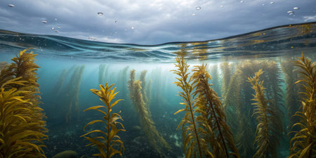 Beneath the surface, a lush kelp forest sways gently with ocean currents, showcasing vibrant yellow-green plants and creating a rich habitat for diverse marine creatures.の写真素材