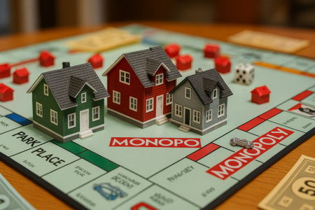 Three houses in different colors sit on the Monopoly board as players strategize their moves during...