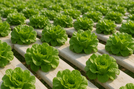 Rows of lush green lettuce plants thrive in a greenhouse setting, showcasing orderly cultivation in a controlled environment. The daylight highlights their freshness and vitality.の写真素材