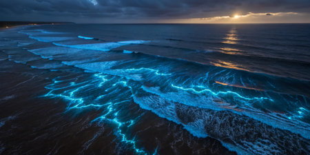 Bright blue bioluminescent waves crash onto the shore during sunset, creating a magical spectacle. The coastline is peaceful, with dark clouds framing the vibrant horizon.の写真素材