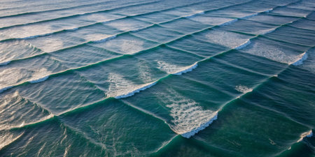 At sunset, waves create a stunning pattern as they roll in uniform lines toward the sandy shore. The...