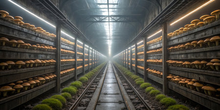 Rows of mushrooms grow in an indoor farm, illuminated by soft lights. The environment is misty,...