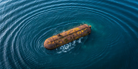 A weathered submarine floats on tranquil waters, surrounded by gentle ripples. Its rusted surface and patches of sea life hint at years underwater, evoking nostalgia and mystery.の写真素材