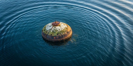 A buoy sits serenely on the water's surface, surrounded by gentle ripples. Sunlight casts reflections on the calm water during the early morning hours, creating a peaceful atmosphere.の写真素材